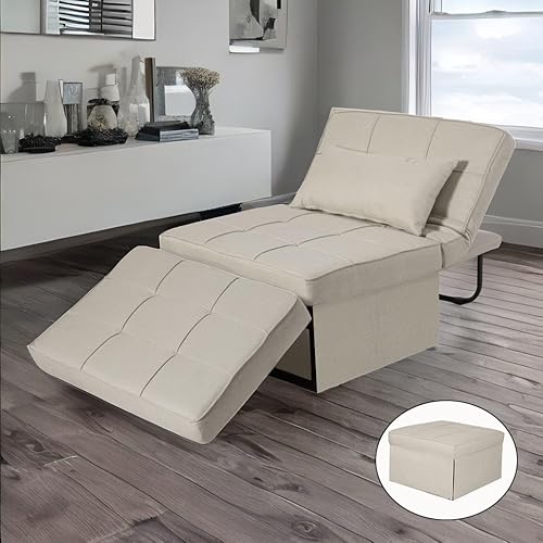 Chair Bed Sleeper,Sofa Bed Couches for Living Room,4 in 1 Multi Function Convertible Ottoman with Adjustable Backrest and Pillow-Beige 28" W