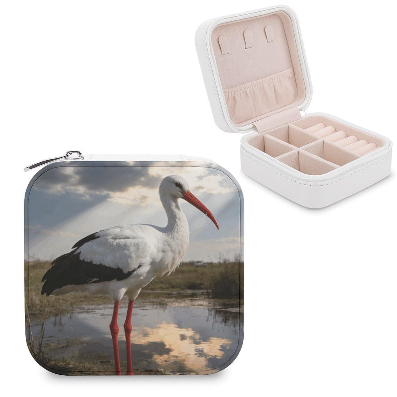 MUSM Stork Travel Jewelry Case Personalized PU Leather Jewelry Boxes for Women Small Portable Jewelry Organizer Box Cute Trinket Box for Necklaces Rings Earrings & Gifts