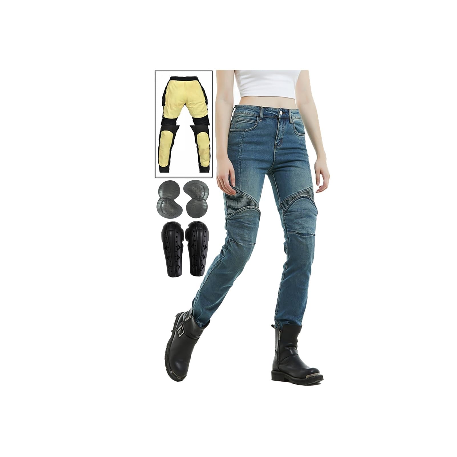 Pantaloni Da Moto Antiabrasione Da Donna Leggings Da Moto Foderati In Fibra Aramidica Protezione Regolabile Per Le Ginocchia | Blue,4XL