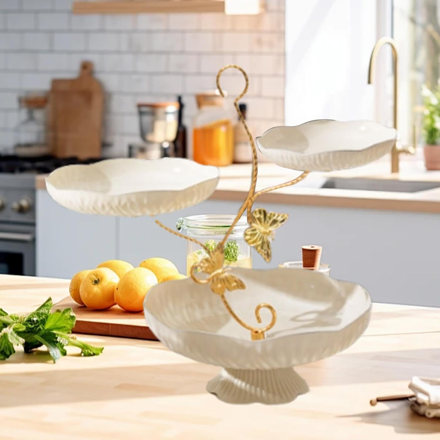 3 Tier Fruit Bowl for Kitchen Counter Tiered Display Modern Holder Dessert Appetizer Bowl Fruit Basket Stand for Snack Cake, white