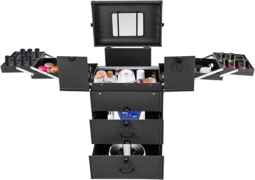 Professional Rolling Makeup Train Case, 360 Swivel Wheels Multi-functional Cosmetic Trolley Hairdressers Salon Cosmetic Trolley Organizer Box for Nail Technicians Hairstylist Black
