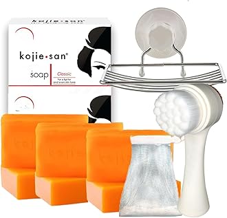 Face & Body Skin Brightening Shower 9pc Set - the Original Kojic Acid Soap that Helps Reduce Dark Spots 6 x 135g Bars, Soap Dish and Facial Cleansing Brush…
