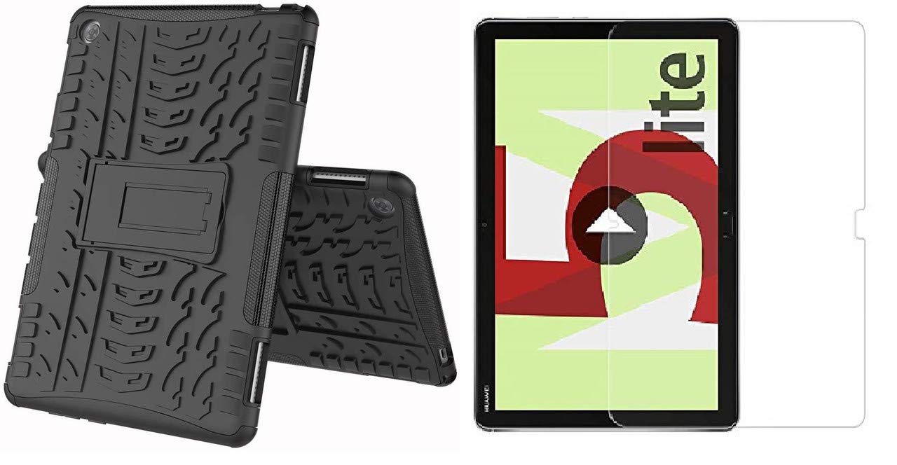 Fitsmart Shockproof Armor Heavy Duty Dazzle Case with Stand Double Protective Back Cover + 1 Tempered Glass for Huawei BAH2-W19 - Black (Combo Pack)