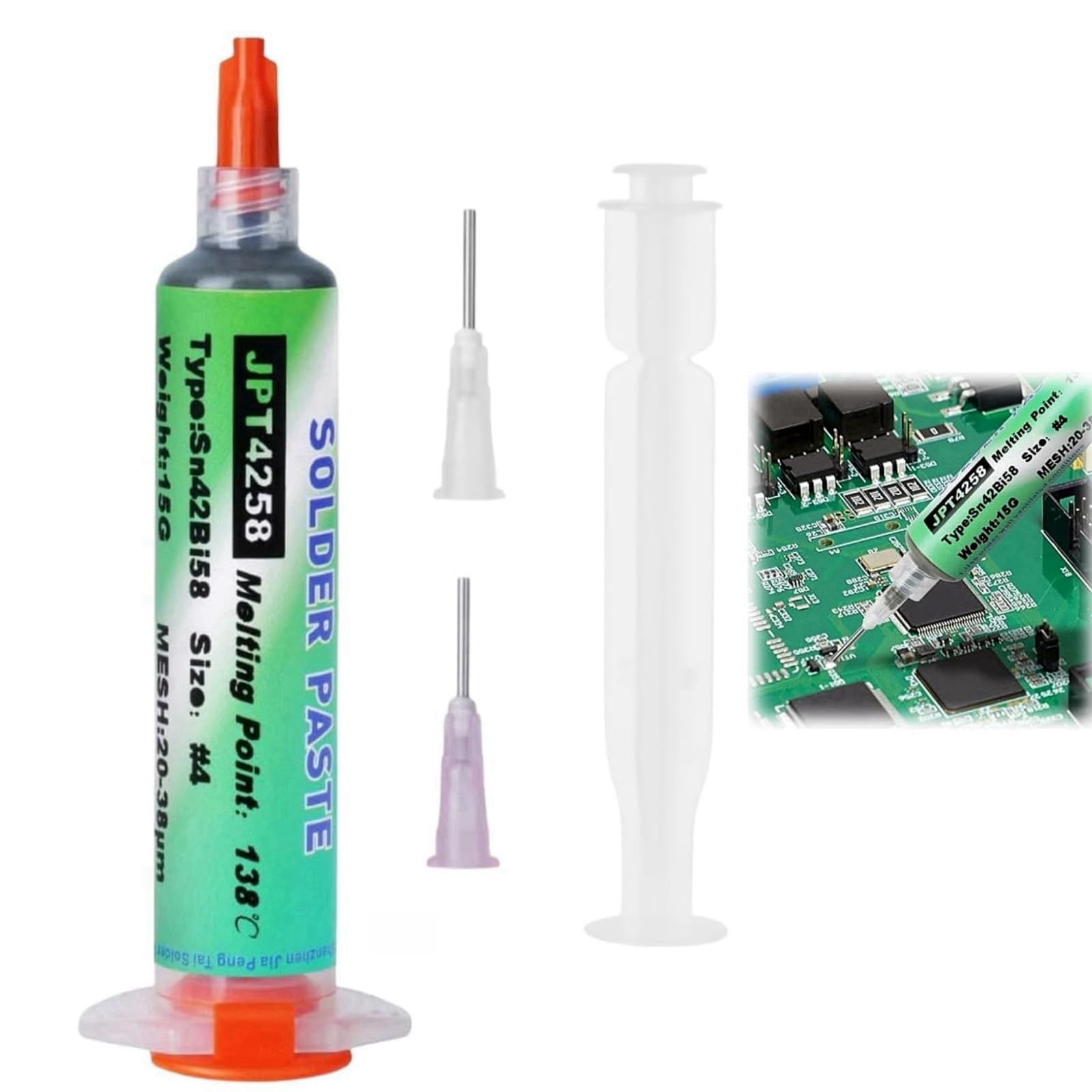 15g Sn42/Bi58 Lead Free Solder Paste,Solder Paste Syringe,138°C Low Temperature Flux Paste,Flux Solder Paste with 2 Needles&1 Pusher,Solder Mask,Flux Soldering Paste for BGA, IC, PCB, CPU, LED, SMT