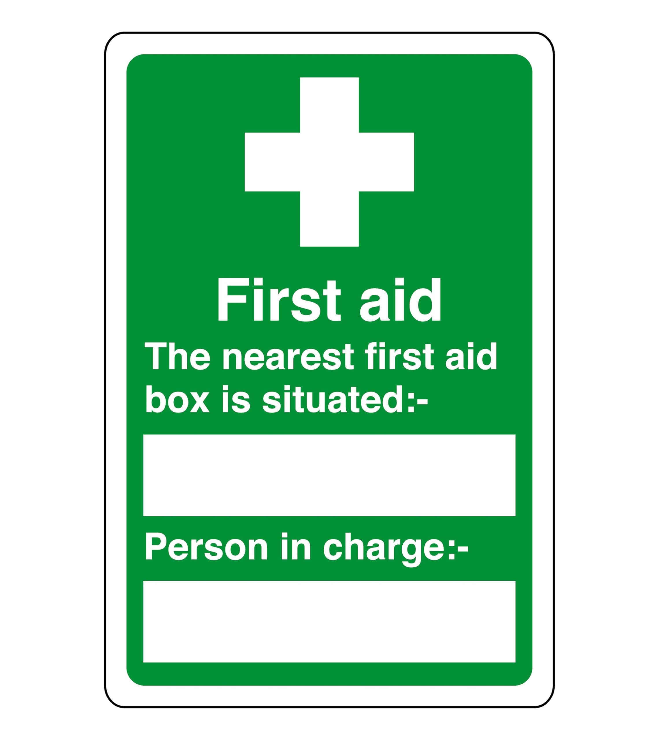 Safety First Display Ltd Green/White First Aid The Nearest First Aid Box Is Situated - Safety Sign - High Tack Self-Adhesive Sticker (300Mm X 200Mm) Viewing Distance Within 7M.