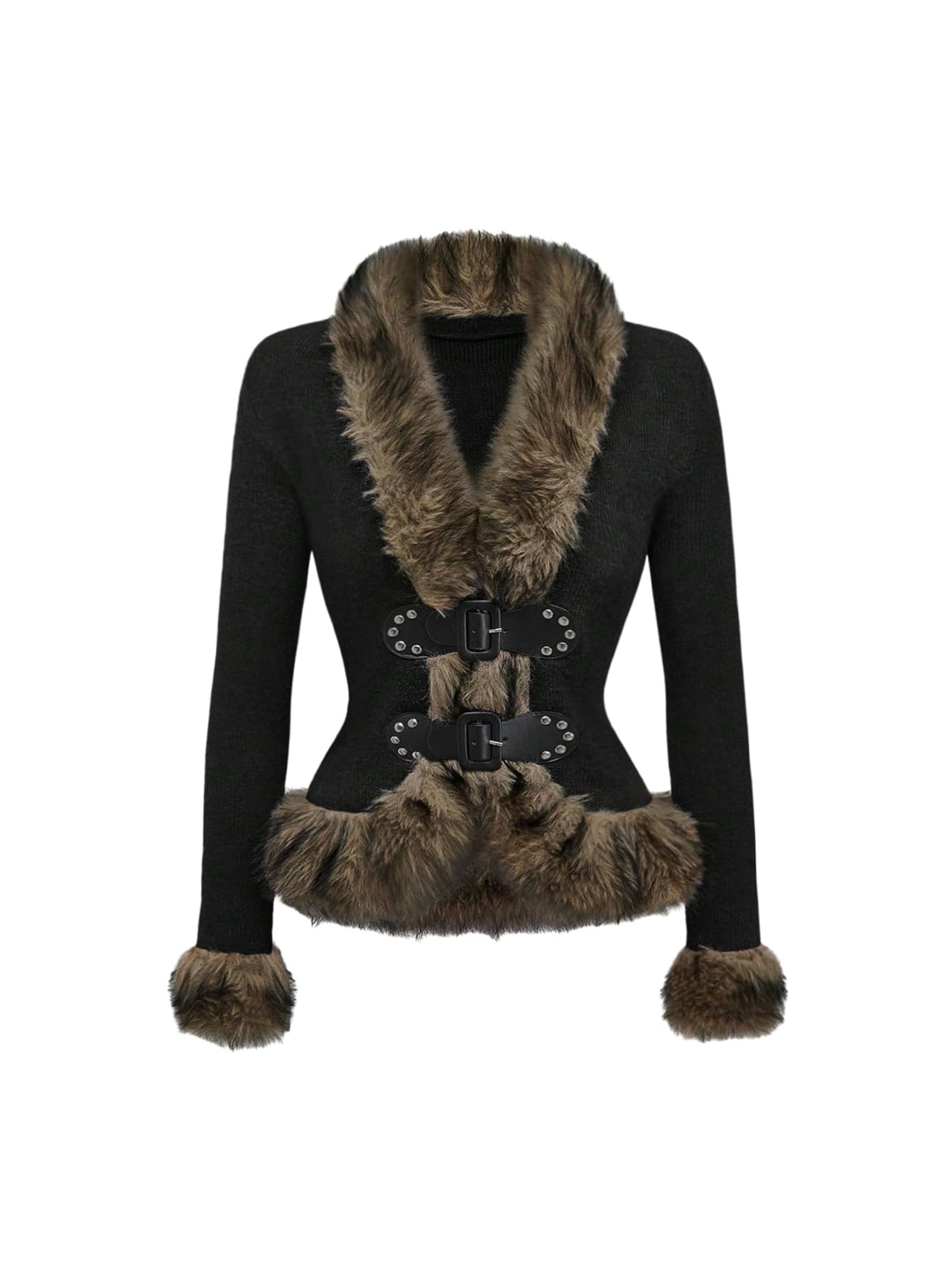 WDIRARA Womens Faux Fur Long Sleeve Cardigan Hippie Punk Buckle Knit Outerwear