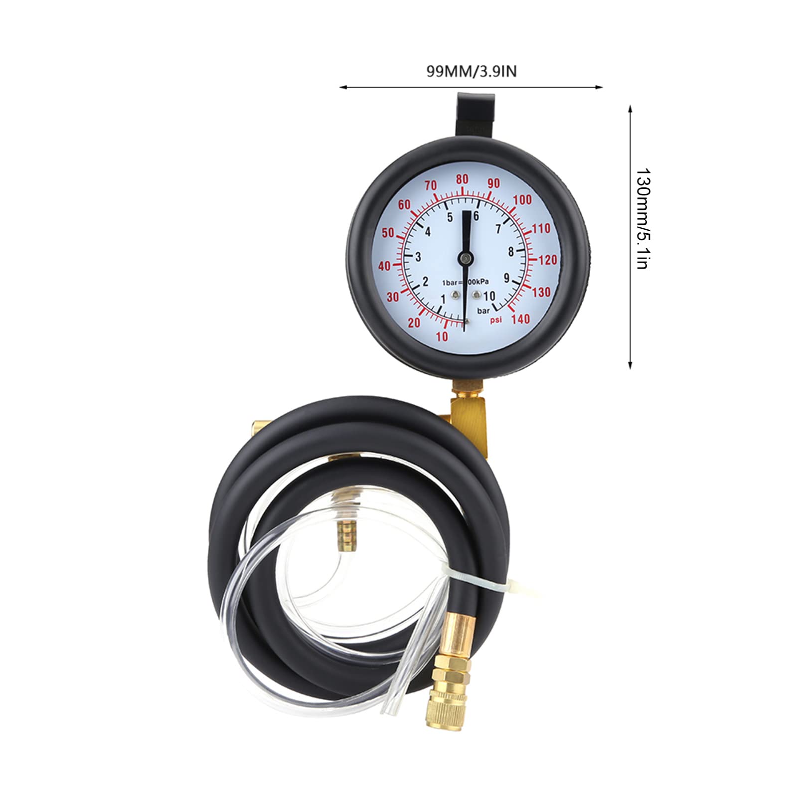 Keenso Kit de prueba de presión de combustible de gasolina, herramienta de diagnóstico de bomba de inyección de combustible de cobre y caucho, de 0 a 140 PSI con válvula de alivio y adaptadores para