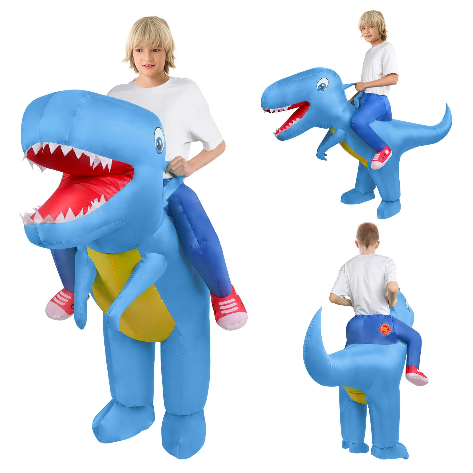 AOOWU Kostium dinozaura, luksusowy nadmuchiwany kostium dinozaura T-Rex, nadmuchiwany strój fantazyjny dla dzieci, zabawny zielony dinozaur do przebierańców na Halloween, niebieski