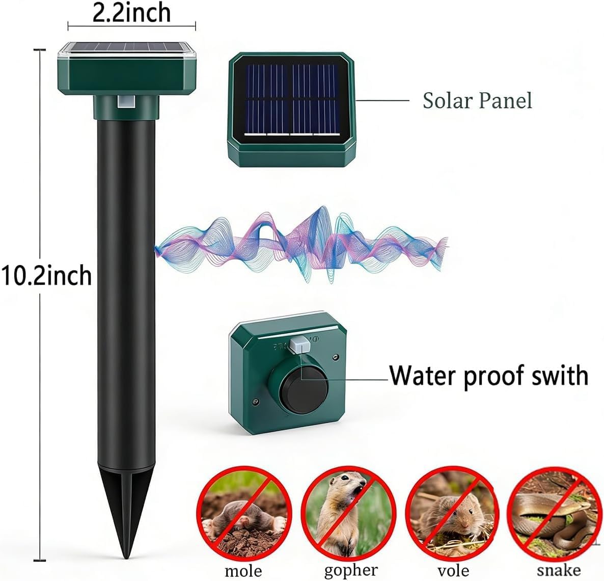 Mole Repellent Solar Powered 10 Pack Snake Repellent Outdoor, Waterproof Sonic Spikes Stakes, Get Rid of Groundhog Chipmunk Chaser Vole Repellent, Effective for Lawns, Garden, Farm