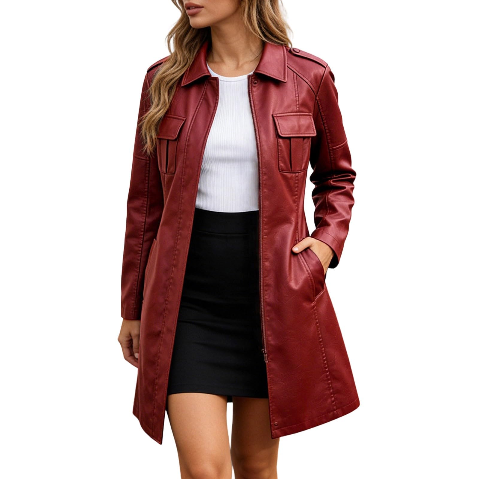 Blouson Cuir Mi-Long à Ceinture pour Femmes, Veste Coupe-Vent Manches Longues, Manteau Britannique Tendance, pour Sorties, Soirées et Tenue Rock