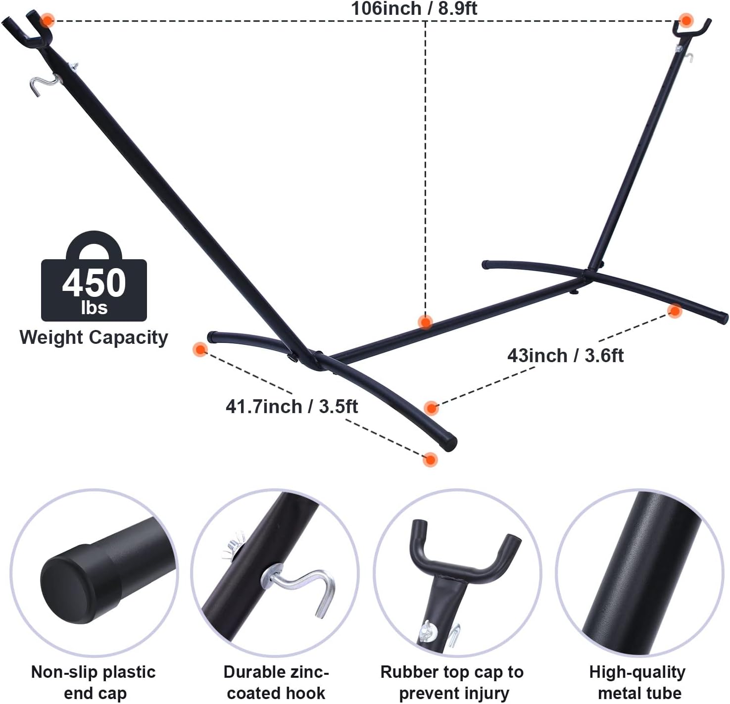 Diagram showing the dimensions and components of the hammock stand, including weight capacity and detailed views of parts like non-slip end caps, durable hooks, and high-quality metal tubes.