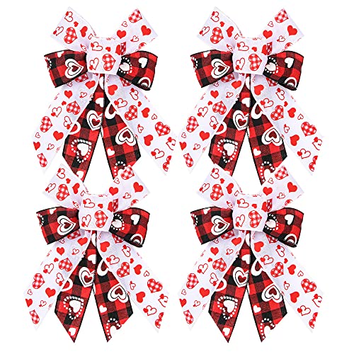 Hying 4 PCS Valentine's Day Bows for Wreath, Valentines Heart Wreath Bow Black Red Buffalo Plaid Bows White Burlap Gift Bows for Front Door Wall Christmas Valentines Wedding Party Decorations