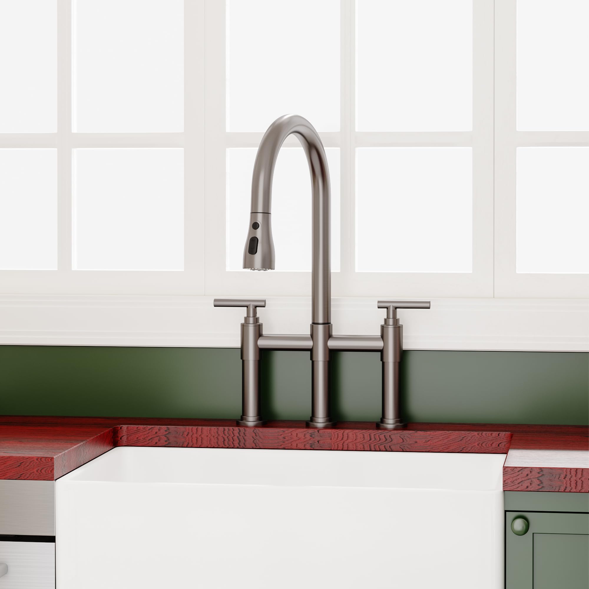 ARRISEA Bridge Kitchen Faucet with 3-Mode Pull-Down Sprayer, Fingerprint Resistant Brushed Nickel, 8 Inch 3-Hole