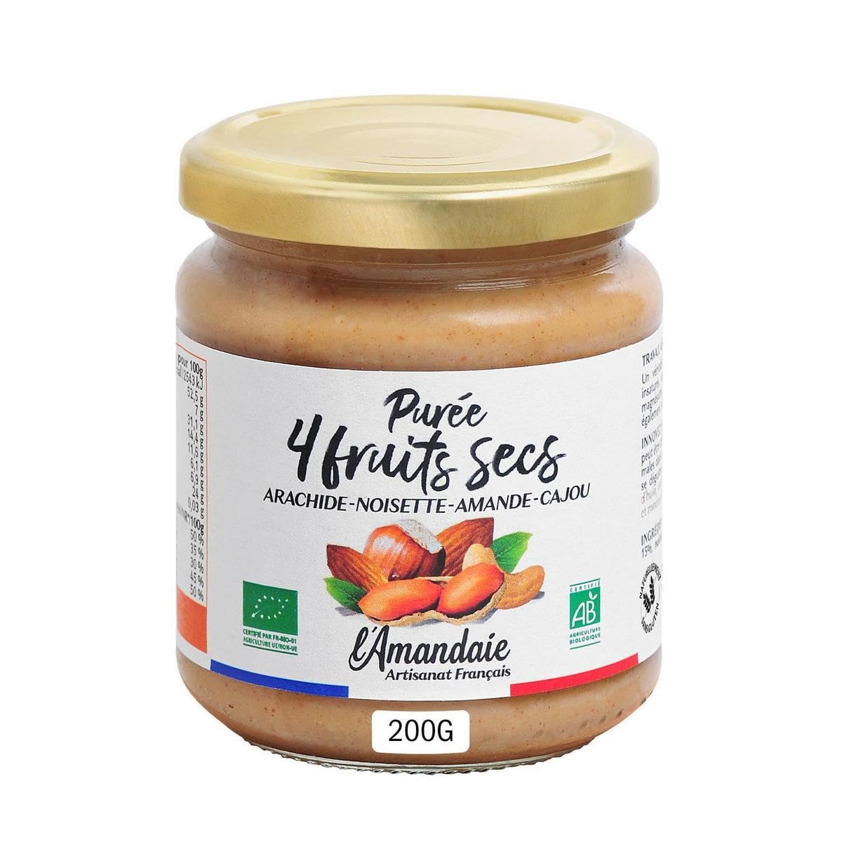 L'AMANDAIE Purée 4 Fruits Secs Bio 200g — Arachide, Noisette, Amande, Cajou — Artisanat Français Sans Gluten - Lot de 3