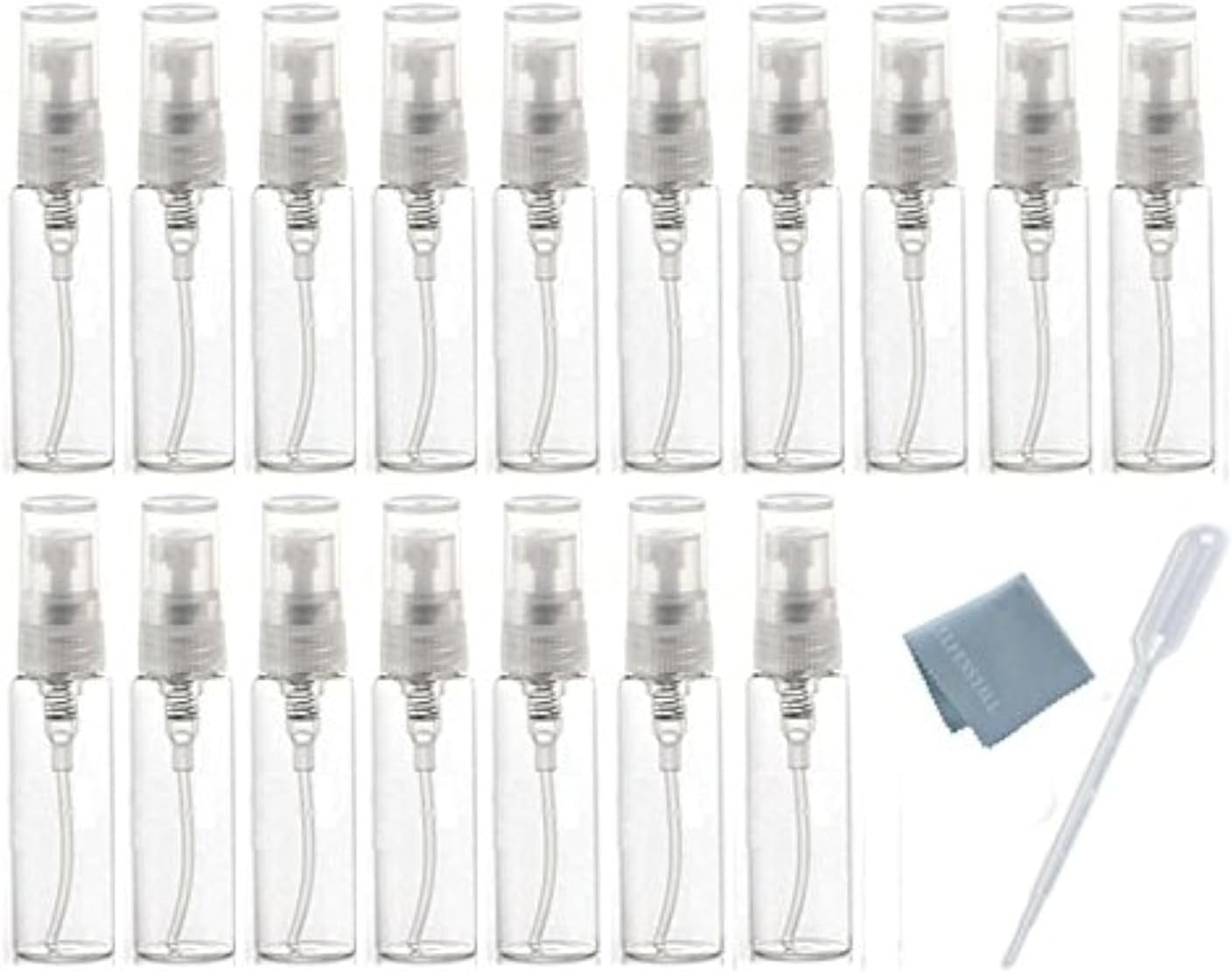 Elfenstal- 20pcs Empty 10ml Clear Fine Mist Atomizer Glass Bottle Spray Refillable Perfume Empty Bottle Glass Clean Cloth for Travel Party Portable Makeup Tool + Free 3ml Pipette