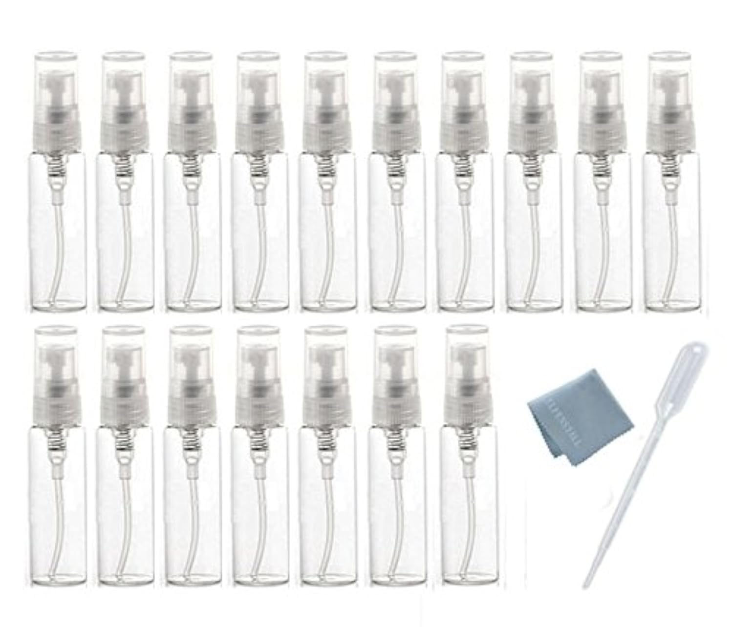 Elfenstal- 20pcs Empty 10ml Clear Fine Mist Atomizer Glass Bottle Spray Refillable Perfume Empty Bottle Glass Clean Cloth for Travel Party Portable Makeup Tool + Free 3ml Pipette
