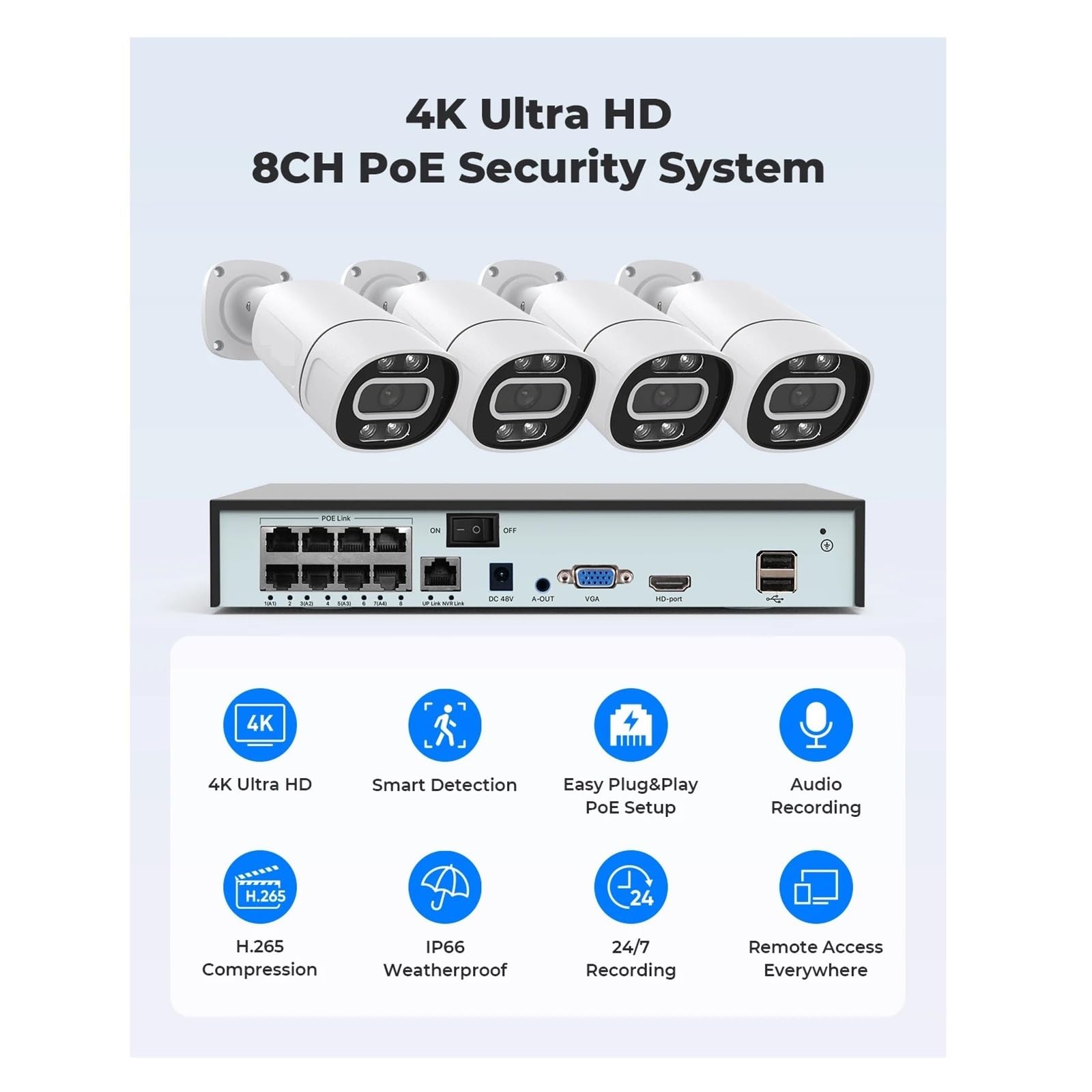 System Kamer Bezpieczeństwa CCTV 4K 5Mp 8Mp Poe Zestaw Do Monitoringu Wideo Domowego 8-kanałowy NVR Audio Zewnętrzna Kamera IP Aplikacja Wykrywanie Ruchu(None,8MP 8PCS Camera)