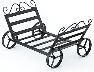 Outdoor Indoor Firewood Rack -Hand Forged Iron,Rustic Matte Black Log Rack for Wood Storage,Wheels Design -Easy Assemble,