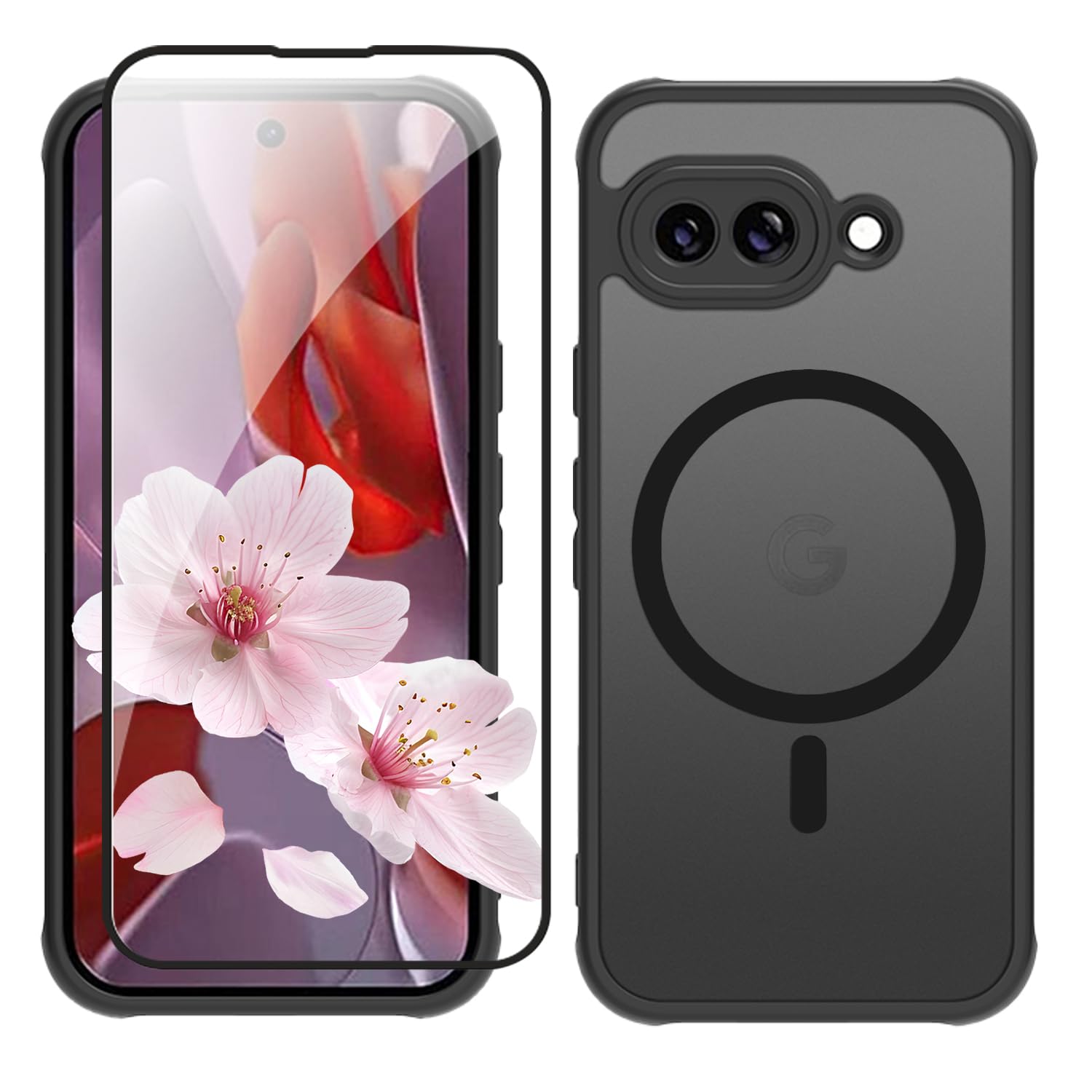 ガラスフィルム付き Google Pixel 9a ケース MagSafe対応 マット仕上げ 半透明 マグネット搭載 グーグルピクセル9a ケース PC+TPU 滑り止め 指紋防止 米軍MIL規格 耐衝撃 耐久性 全面保護 黄ばみなし スマホカバー googleピクセル9a グセーフ対応 (マットブラック, Pixel 9A)