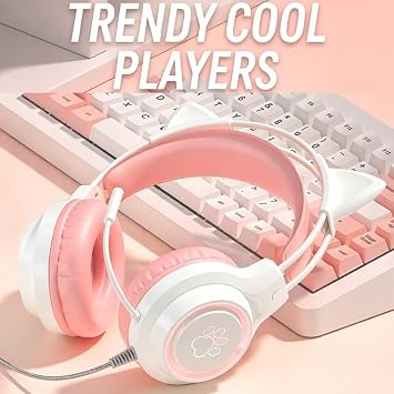 Cute Cat Ear Wired Gaming Headset, 40mm Driver 3D Surround Sound, RGB LED Light, Lightweight Over Ear Headphones with Mic for PC PS4 PS5 Switch Laptop pink