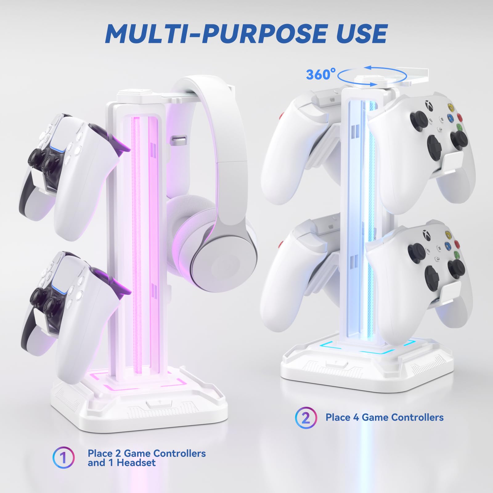 KDD Supporto Cuffie Gaming con 9 Modalità di Illuminazione - Porta Cuffie da Scrivania - Ruotabile Porta Controller & Staccabile Gancio Cuffie per Accessori Gaming Stanza PC Xbox PS5 PS4 (Bianco)