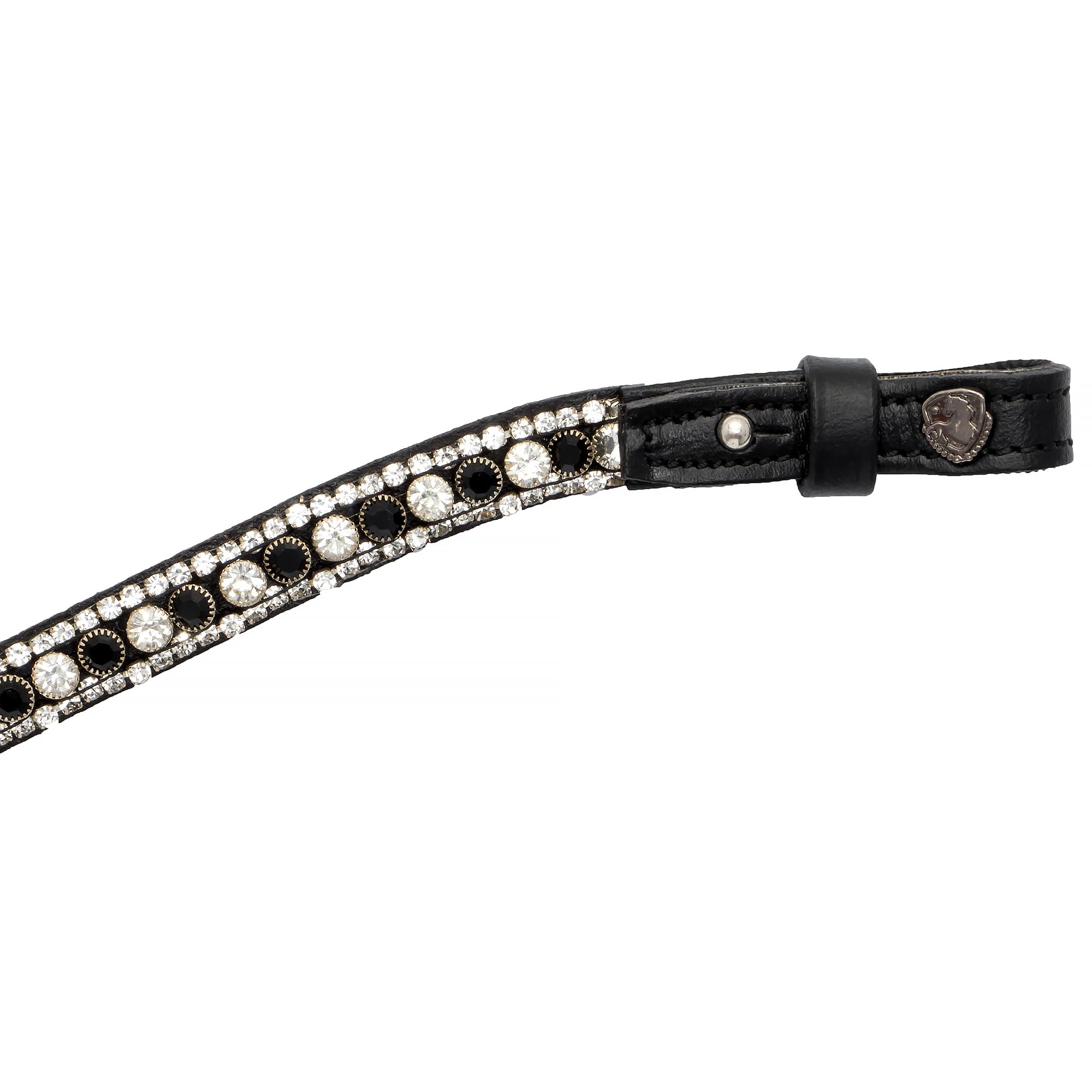 Stirnriemen Pferd Leder geschwungen Kristall Glitzer gepolstert Stirnband Zaumzeug – elegant für Dressur & Show – Hebe (Schwarz/Silber, Pony)