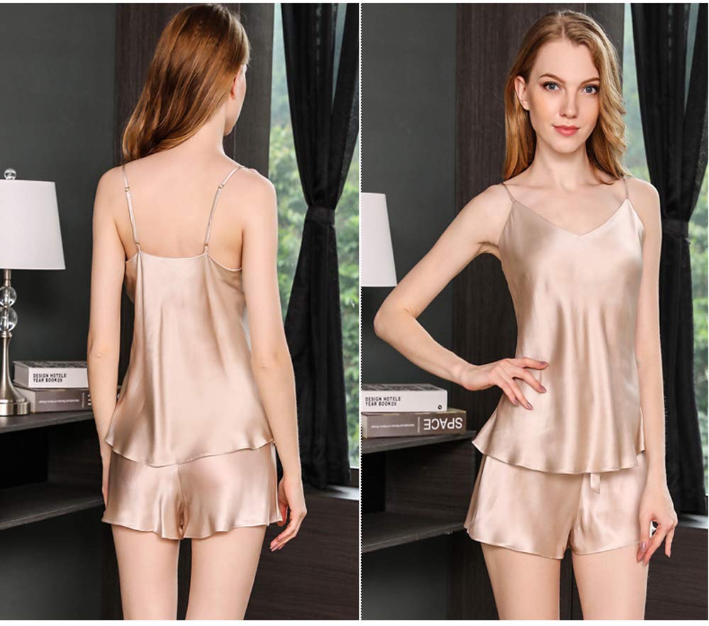 Conjunto de Pijama de Seda con Tirantes ultrafinos, Suaves y cómodos, Transpirables y con diseño de Ribete en el Cuello en V Ajustable, Color champán, L,Champagne-L