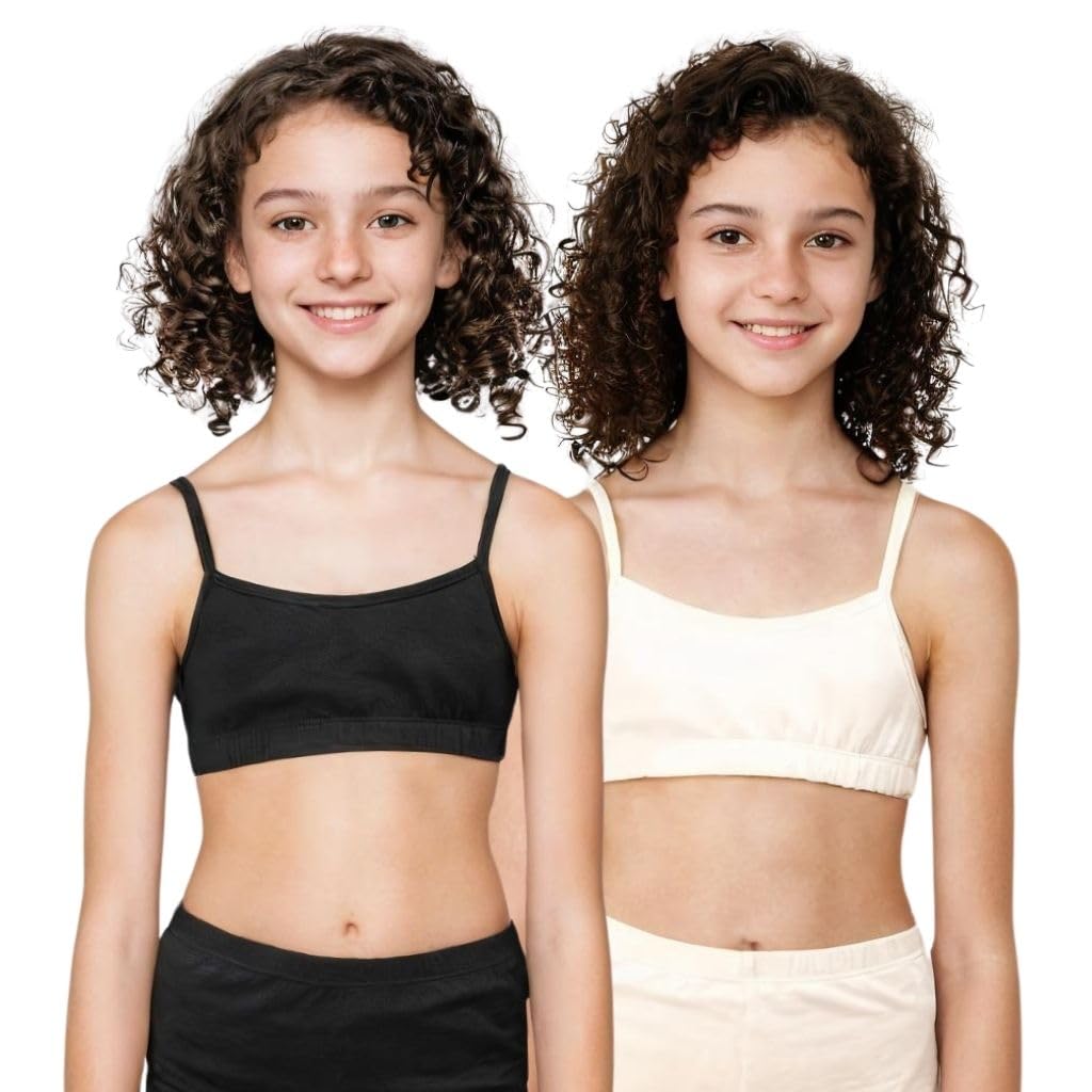 Adira Starter Bra for Girls 13-14 Years, Flat Padding for Cover, Comfortable Stretchy Cotton, Comfortable Breathable Beginner Bra and Super Soft Material, Pack of 2