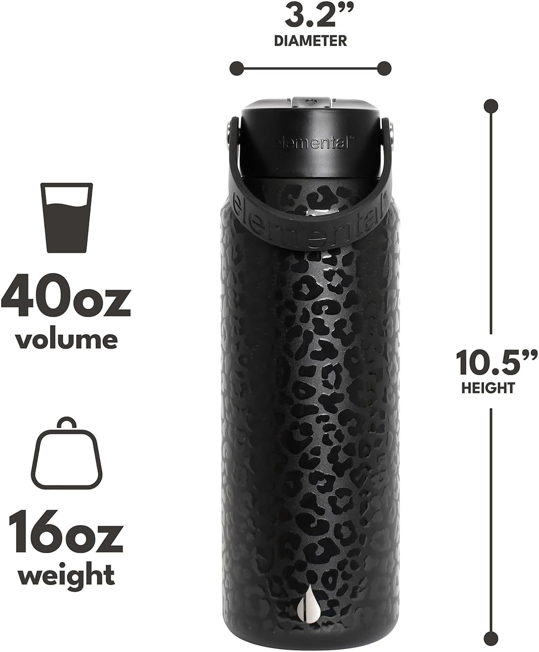 Elemental 40oz Insulated Water Bottle with Straw - 100% Leak-Proof Stainless Steel Core Water Bottles for Travel, Sports and Gym - Double Wall Insulation & BPA Free - Black Leopard - Image 2