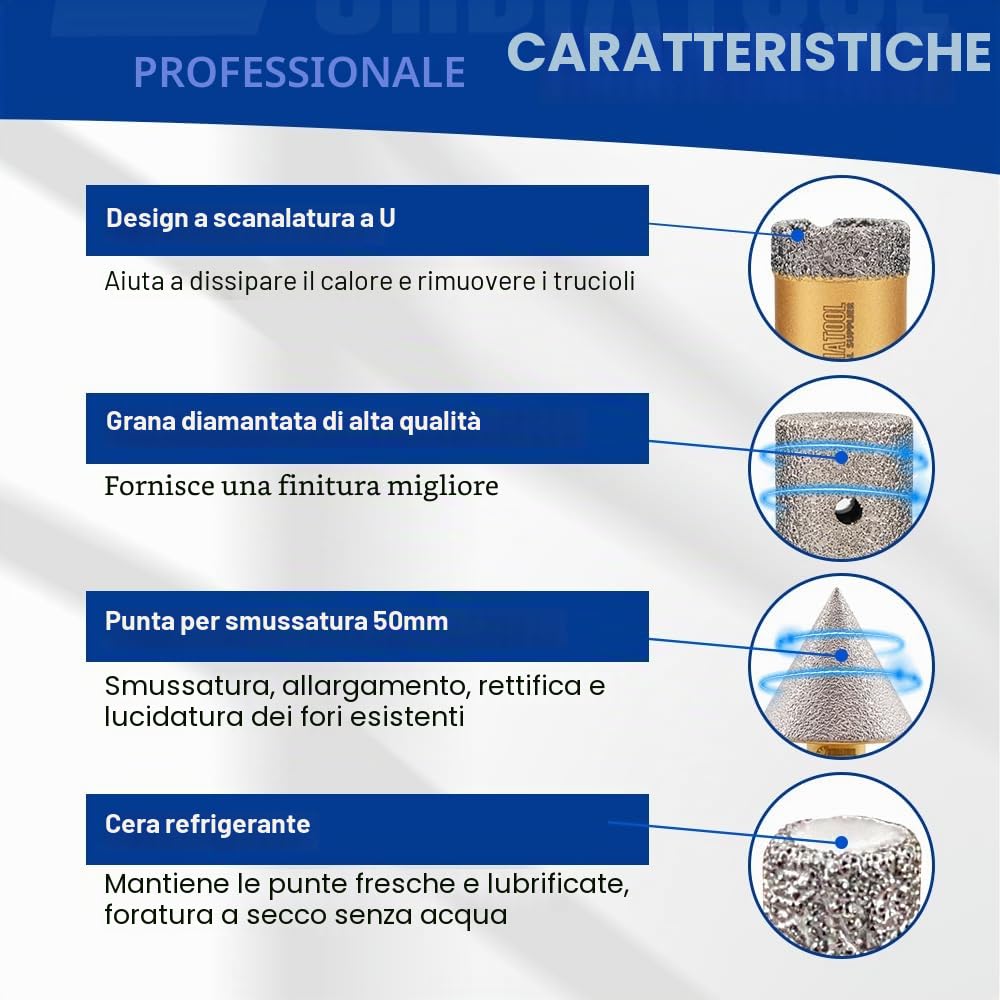 SHDIATOOL Punte diamantate M14 Filettatura 20/25/32/35/40/50/68mm / 50mm Punte diamantate smussate sottovuoto per gres porcellanato Ceramica Granito Marmo