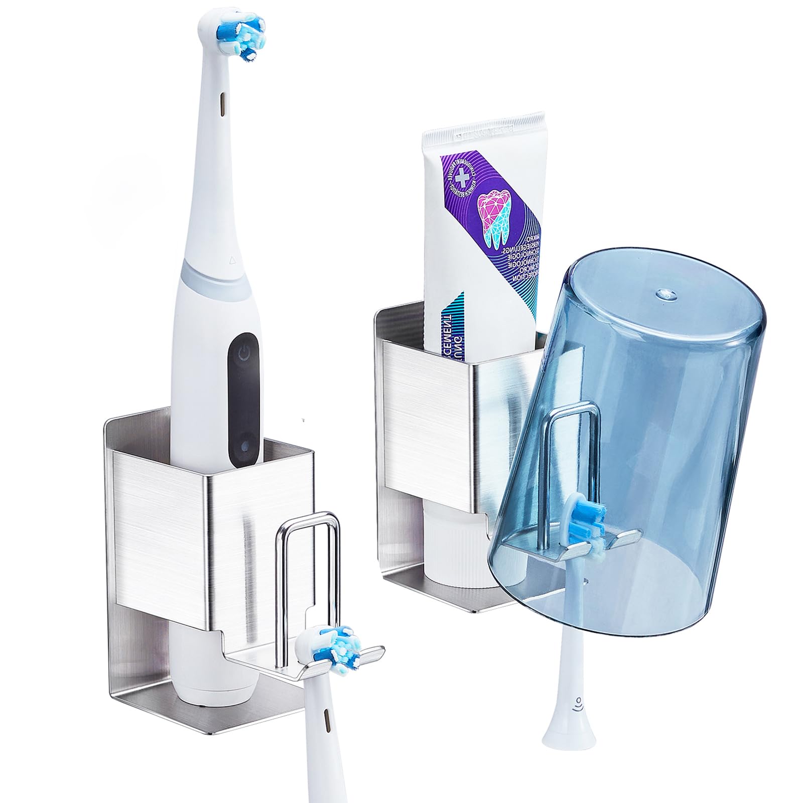 Toothbrush Holder Wall Mounted, 2PCS Electric Toothbrush Holder Wall Mount, Toothbrush Holders for Bathrooms, SUS304 Stainless Steel Toothbrush Wall Holders, Adhesive Toothbrush Head Holder (Silver)