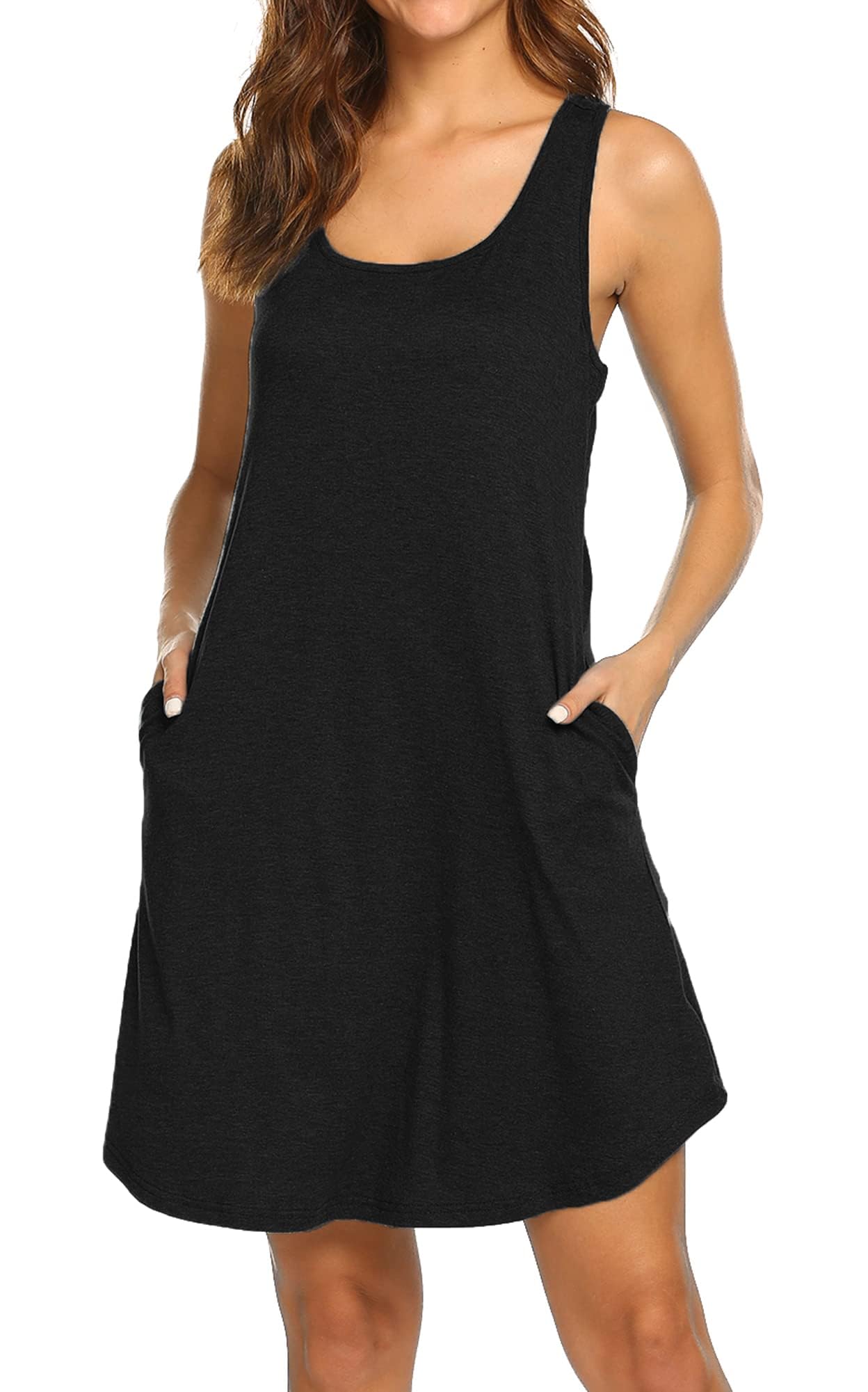 BDTECAOR Sommerkleid Damen Ärmellose Strandkleid Luftig Knielang Kleid A Linie Casual Tankkleid mit Taschen