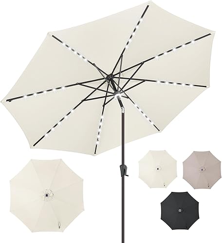 uHousDeco Sombrilla solar LED de 10 pies para patio y playa, impermeable y resistente al óxido, poste de acero marfil