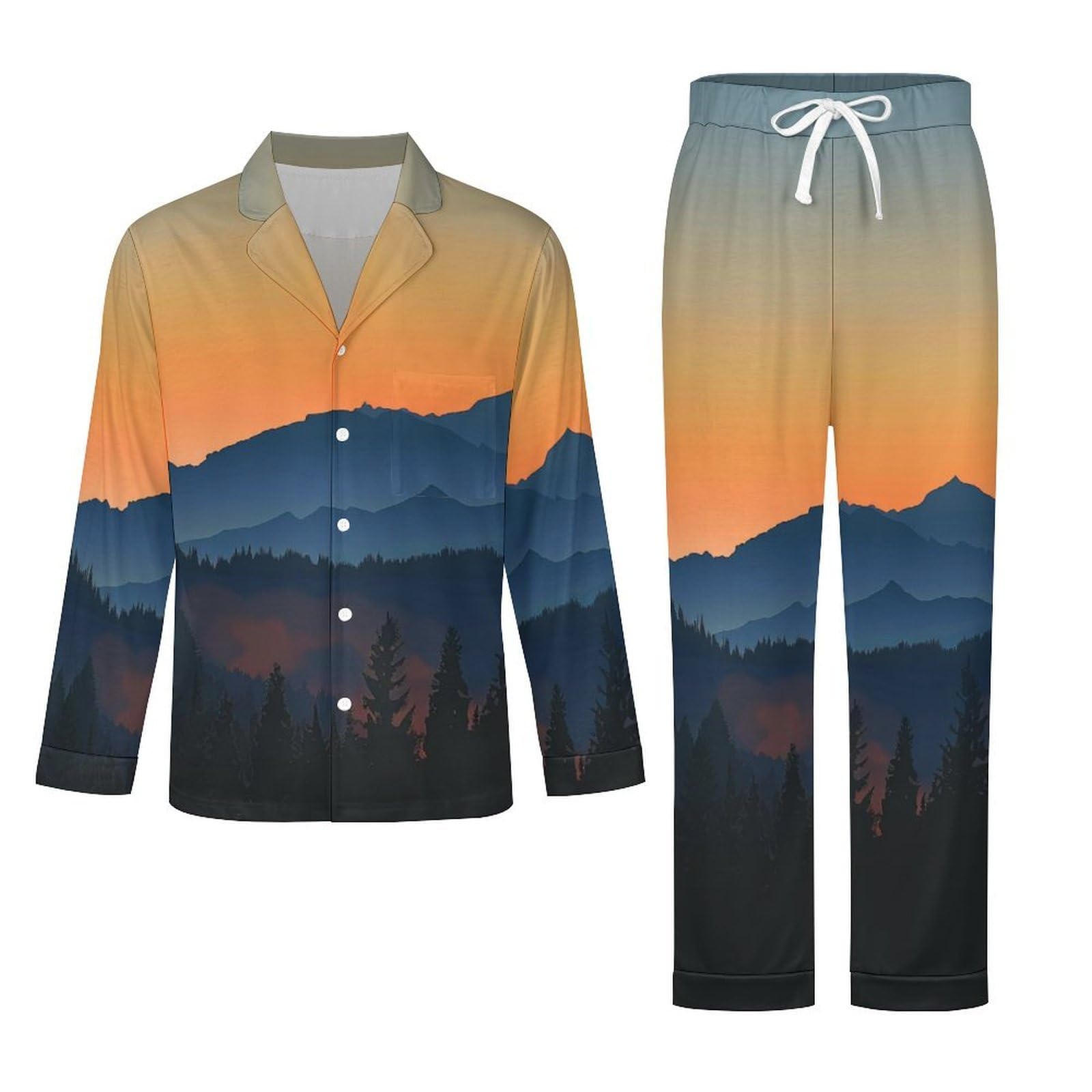 OLEETS Pigiama A Maniche Lunghe da Uomo - Paesaggio Montano Top E Pantaloni in 2 Pezzi Pigiama Casual E Ampio A Maniche Lunghe Morbido Autunnale E Invernale.
