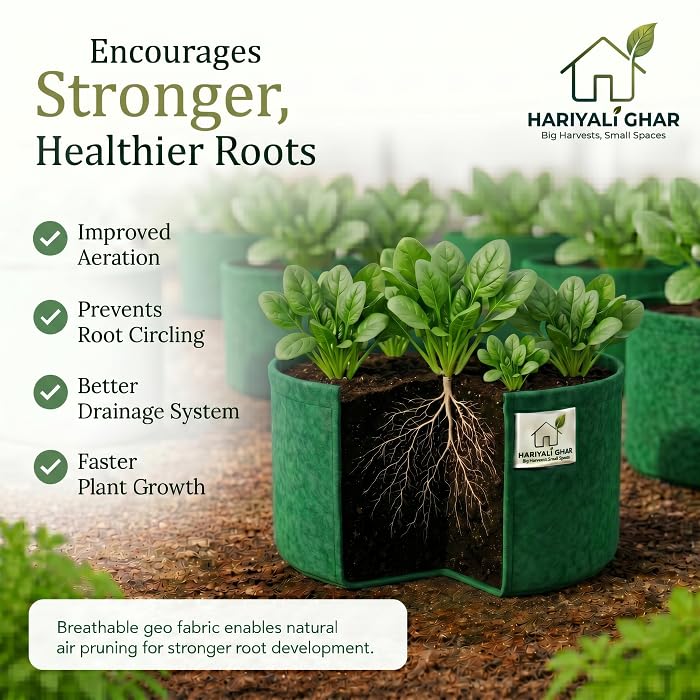 Image of 400 GSM Geo Fabric Round Grow Bags 15x6 Inch, Green Planting Bags for Terrace and Kitchen Gardening Pack of 3