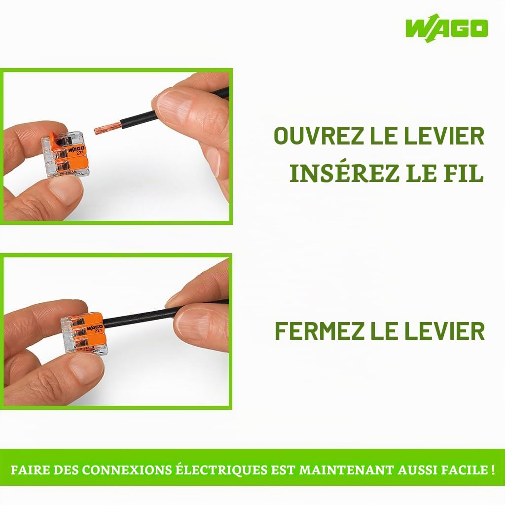 Wago 221-413 Lot de 50 boîtiers de raccordement avec leviers 3 connecteurs 12 V 220 - 240 V | Connecteurs compacts transparents pour fils rigides et souples, boîtiers de raccordement 4 mm², usage 12 V et 220 V.