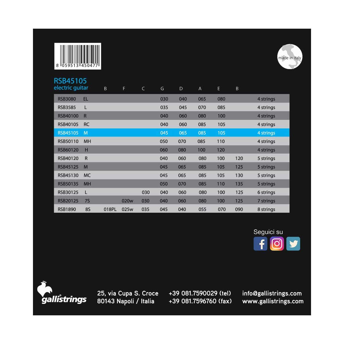 MUTA PER BASSO GALLI STRINGS RSB45105 4 CORDE MEDIUM - PACCO DA DUE MUTE