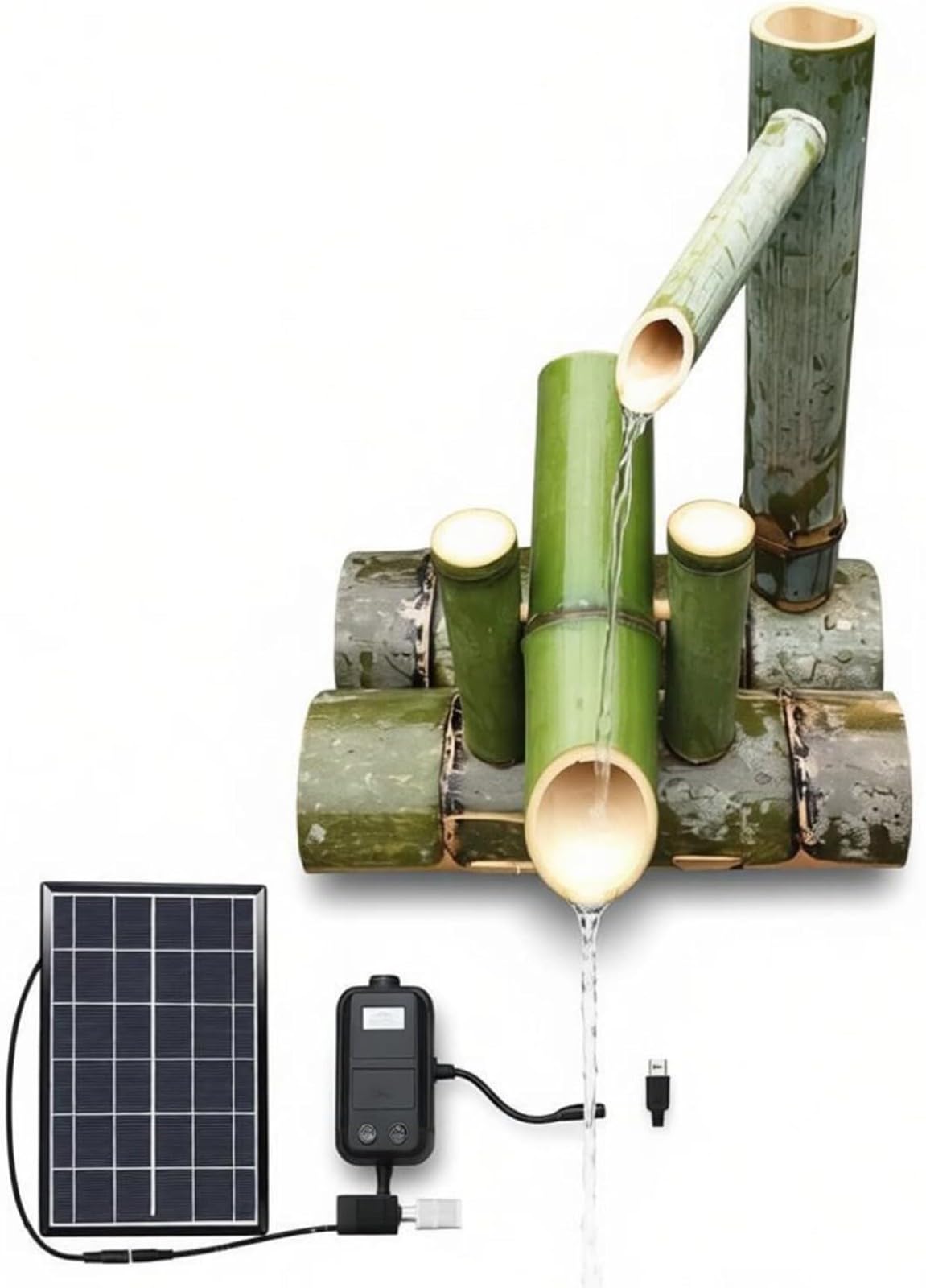 REHOOF Fontana A Cascata per Laghetto da Giardino, Kit Fontana Solare in bambù con Pannello Solare, Fontana in bambù per Esterni per Giardino Giapponese per Prati, Stagni E Peschiere L 25cm