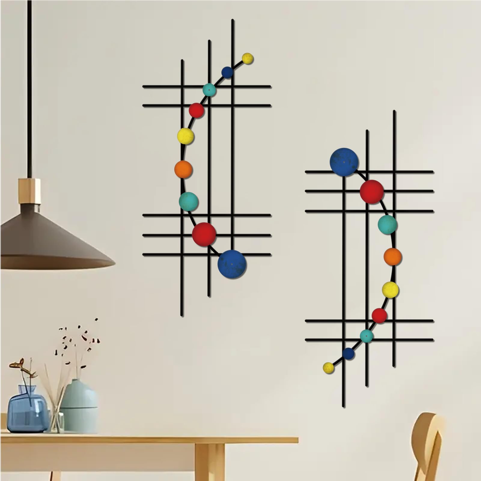 DUOOLN 2 Pcs Abstract Metal Wall Decor, Minimalist Hanging Wall Single Line Art, Modern 3D Geometrical Iron Sculptures Painting for Living Room Bedroom Bathroom Study Room Home Ornamental-Blue