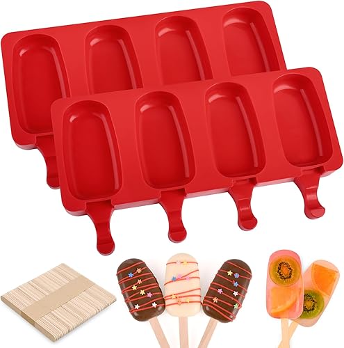 WMKGG Juego de moldes de silicona para paletas, 2 moldes de helado con 50 palos de madera para cake pop, Ice Pop, Cakesicles (tamaño estándarrojo)