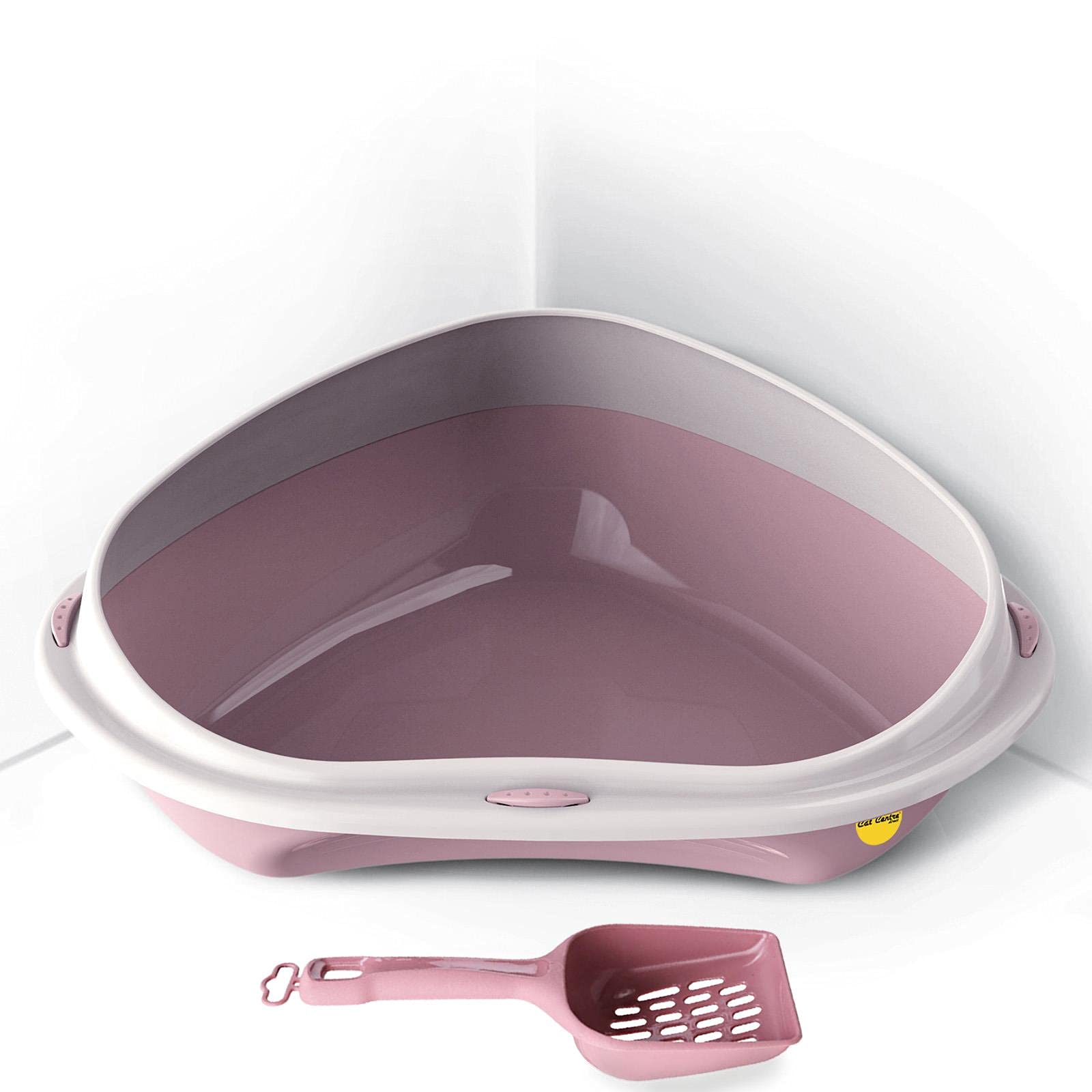 CAT CENTRE Pink Large Corner Cat Open Litter Tray With Scoop Bundle Kitten Pet Toilet Plastic Loo Pan Box Anti-Spillage Lowered Entry Step Rounded Corners Detachable Rim Easy Cleaning No Spilling