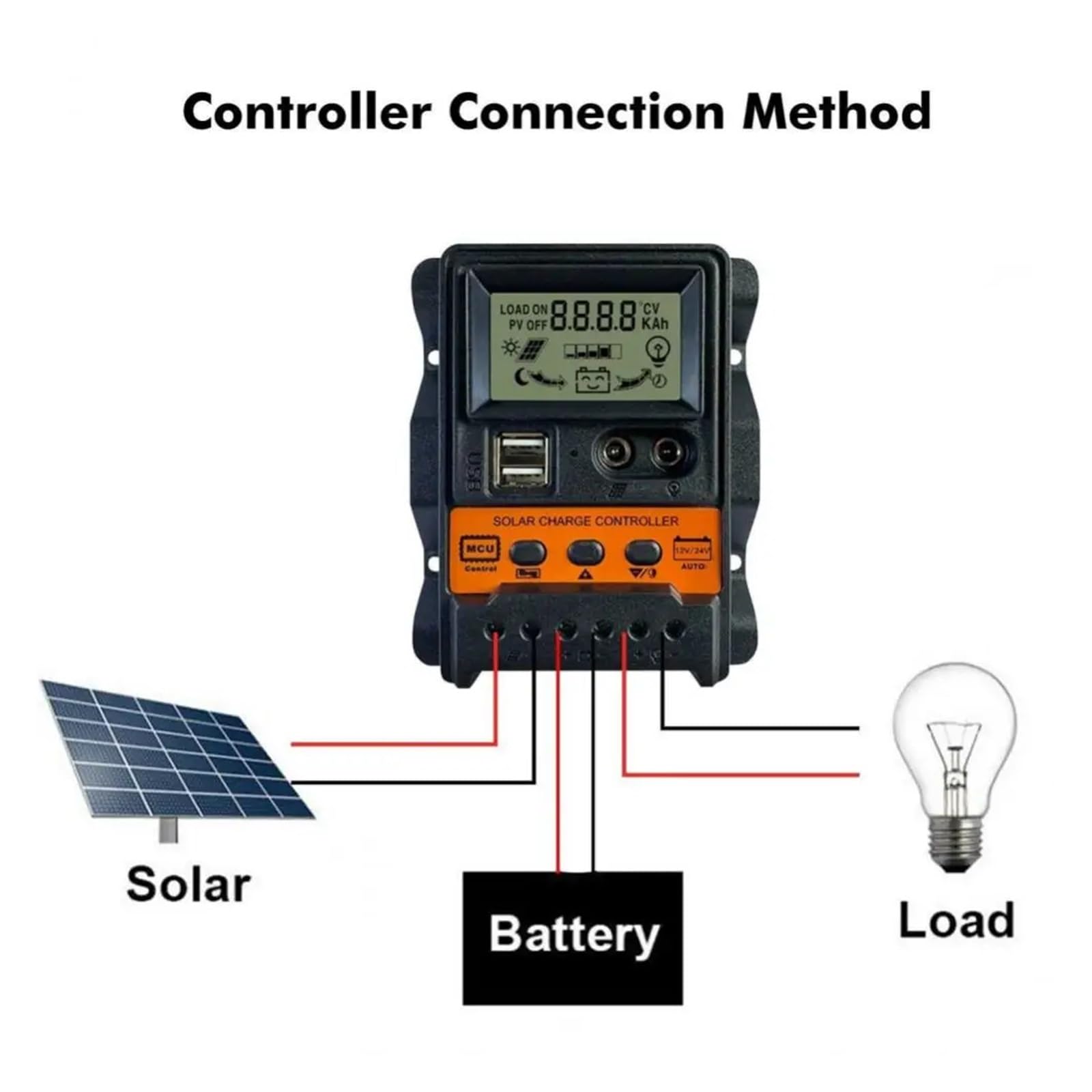Kontroler ładowania słonecznego kontroler PWM z wyświetlaczem LCD 10A 20A 30A 12V 24V podwójne wyjście USB 5V regulator ładowarki panelu słonecznego(30A)
