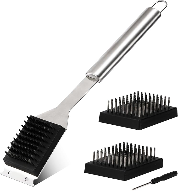 16.5” Grill Brush and Scraper with 2 Brush Replacements & 1 Screwdriver, Wire BBQ Grill Brush for Outdoor Grill, 304 Stainless Steel Cleaning Brush BBQ Grill Accessories