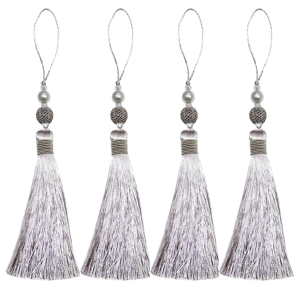 Fenghuangwu 4P Simple and Elegant Colored Tassels Hung on Clothes, Key Tassel and DIY Craft Tassel Edge Decoration, Decorative Tassels Hung on Keychains (Silver)