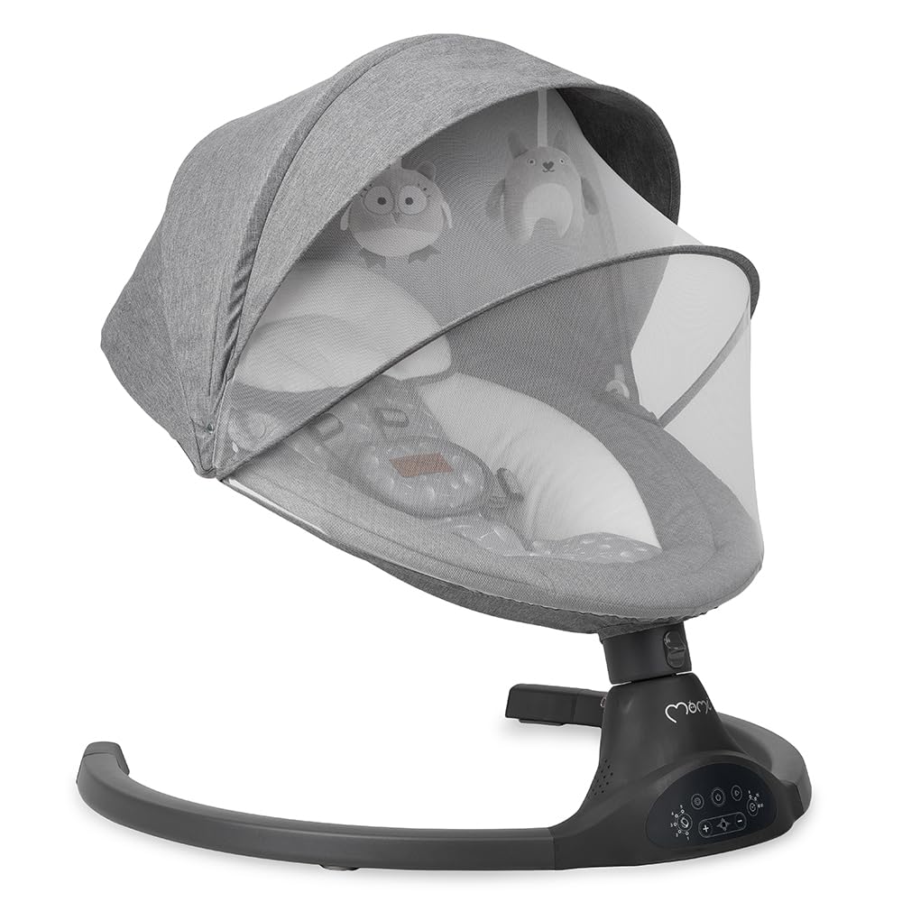 MoMi KENANI Mecedora para Niños hasta 9 kg, Plegable, con Mando a Distancia y Bluetooth, Funciona con Pilas/Electricidad, Arnés 5 Puntos, Visera Solar