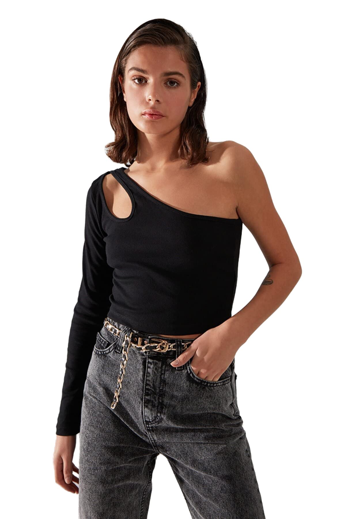 Trendyol Women's Schwarz Slim Fit Basic Asymmetrical Collar Knitted Blouse