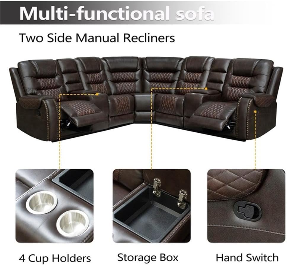 Pemberly Row Manual Recliner Sectional Sofa Set, PU Leather, Brown Finish, L-Shaped Couch with Chaise Lounge, Cup Holders, Storage Box, Durable Living Room Furniture for Relaxation and Entertainment