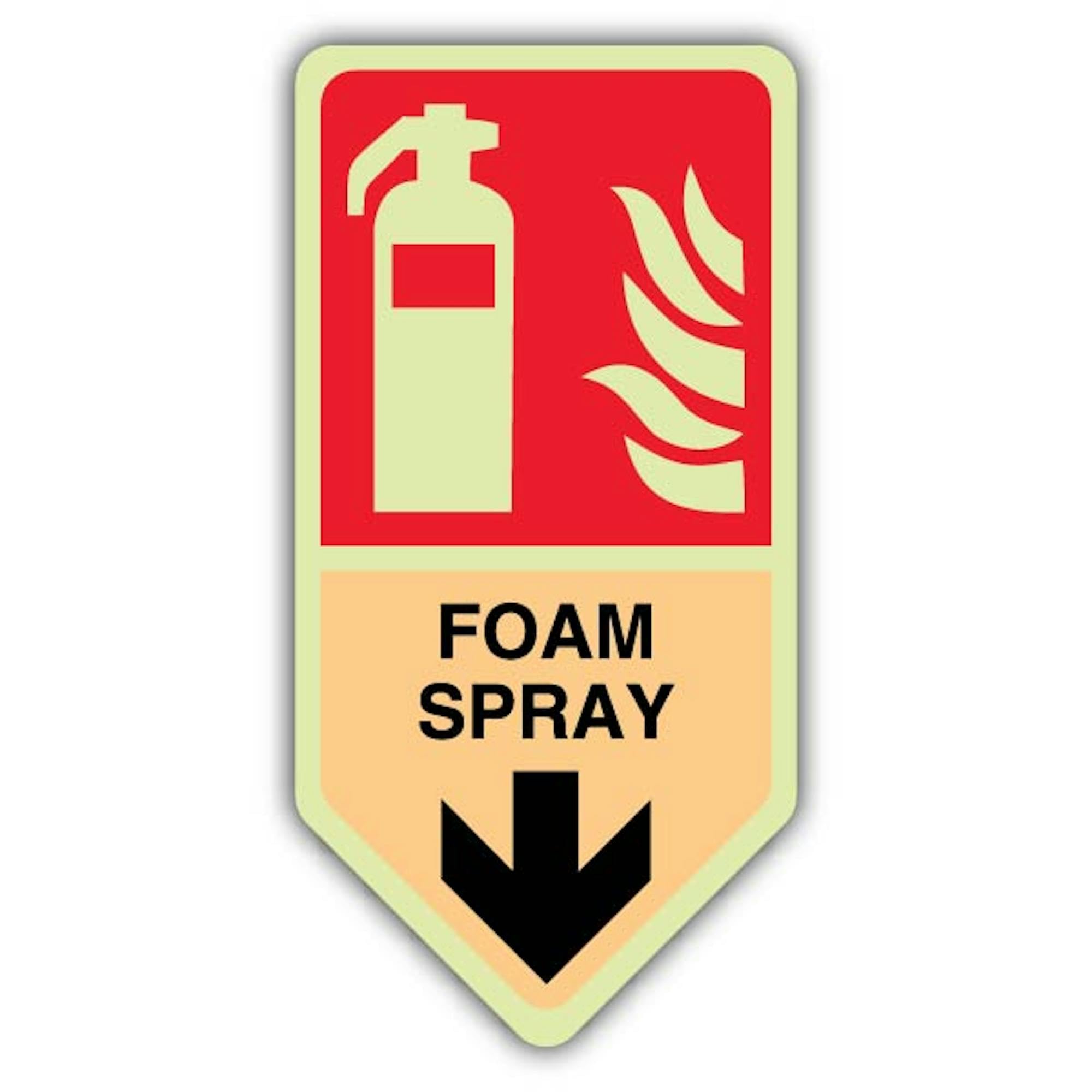 V Safety Glow In The Dark Foam Spray Fire Extinguisher With Flame Sign - 200 x 300 mm - Made From Triple Glow Rigid Plastic - Fire Safety Signage - Made in Britain