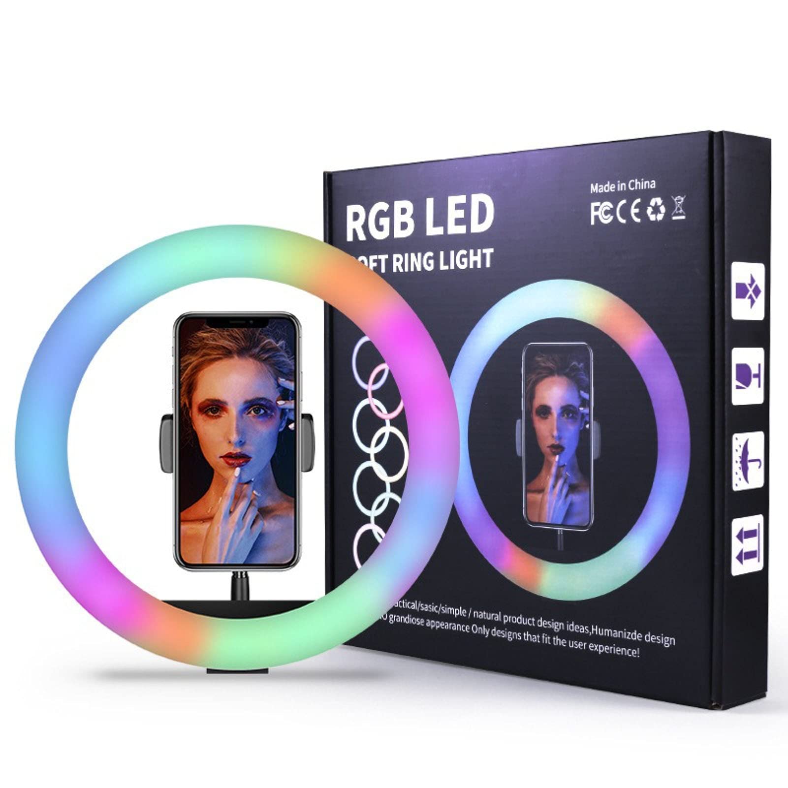Anello luminoso RGB da 10 pollici con treppiede e supporto per telefono, da scrivania USB RGB LED dimmerabile con telecomando per trucco/YouTube/TIKTok/Video/streaming