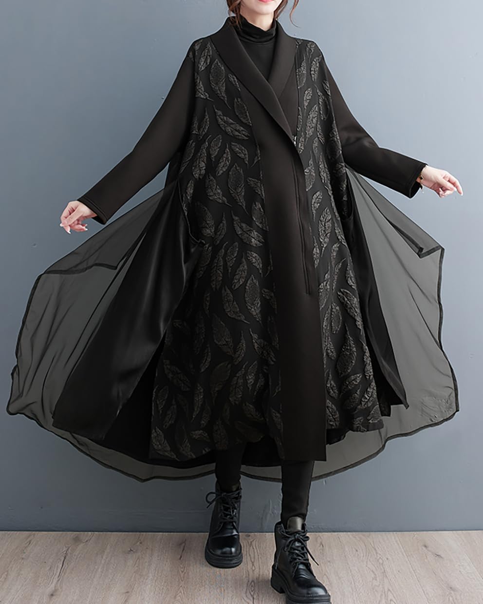 ellazhu Manteau Femme Col à Revers Manches Longues Surdimensionné Fermeture Éclair Long Trench Imprimé Ourlet Fendu Vêtement d’extérieur GZ640 A